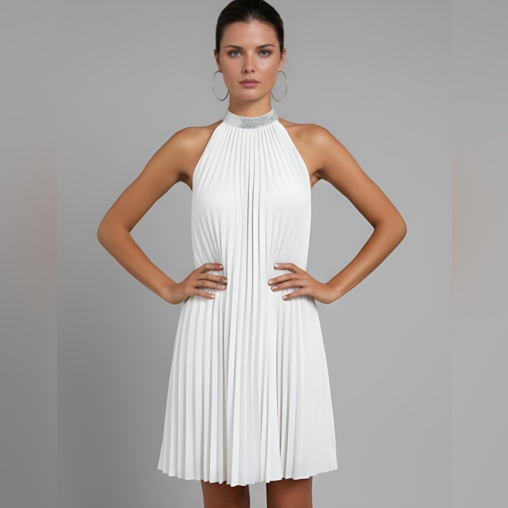 White Sequin Pleated Detail Halter Neck Dress